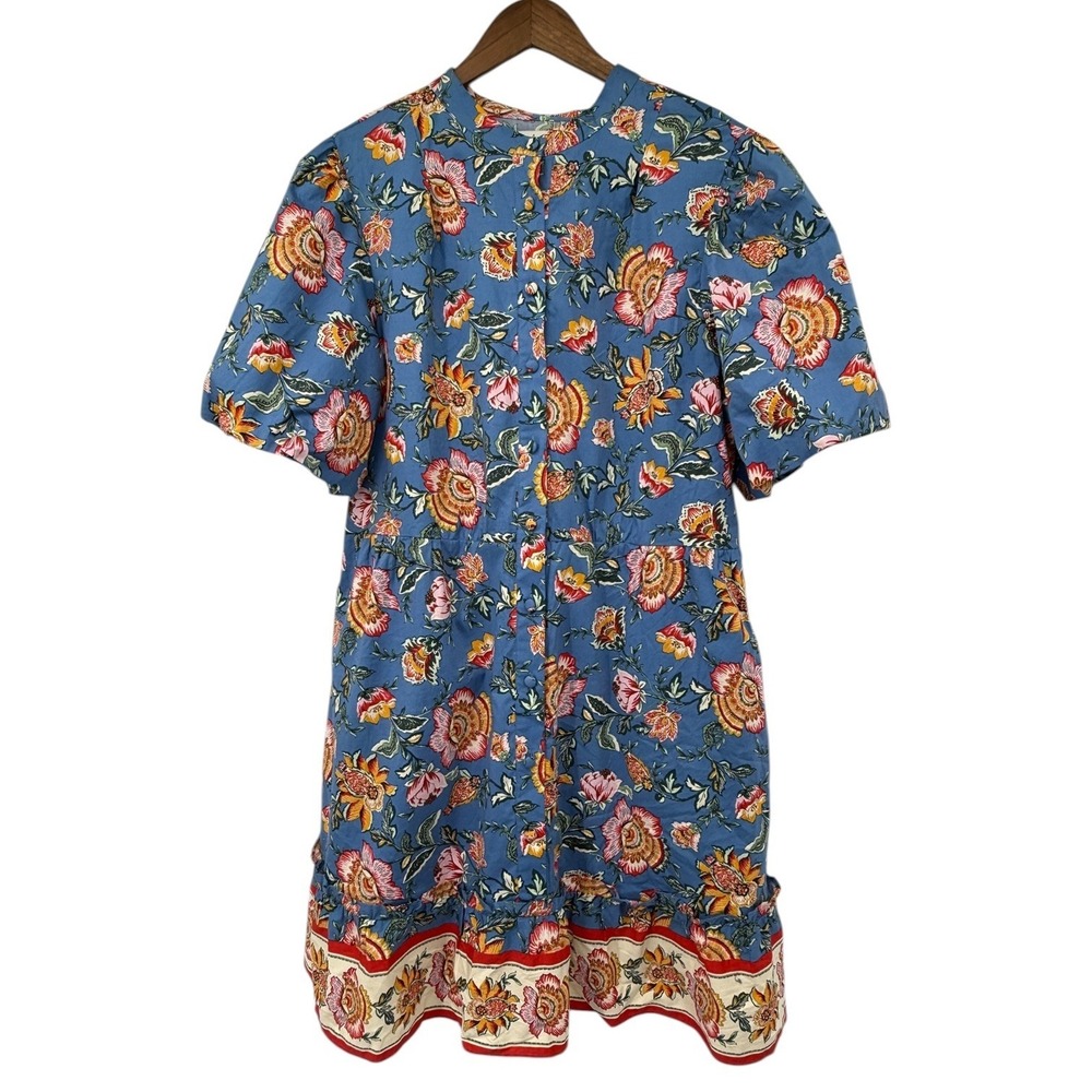 Joie Women Sz 16 Floral Puff Sleeve Dress Boho‎ Blue Button Front Pockets Shift